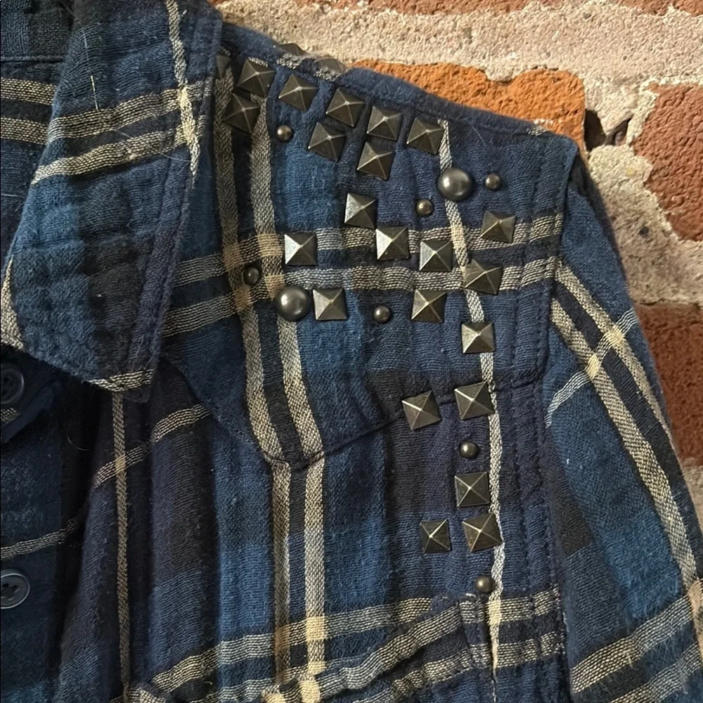 Free People Blue, Tan, White Embellished Button Down Plaid Shirt - Picture 4 of 8